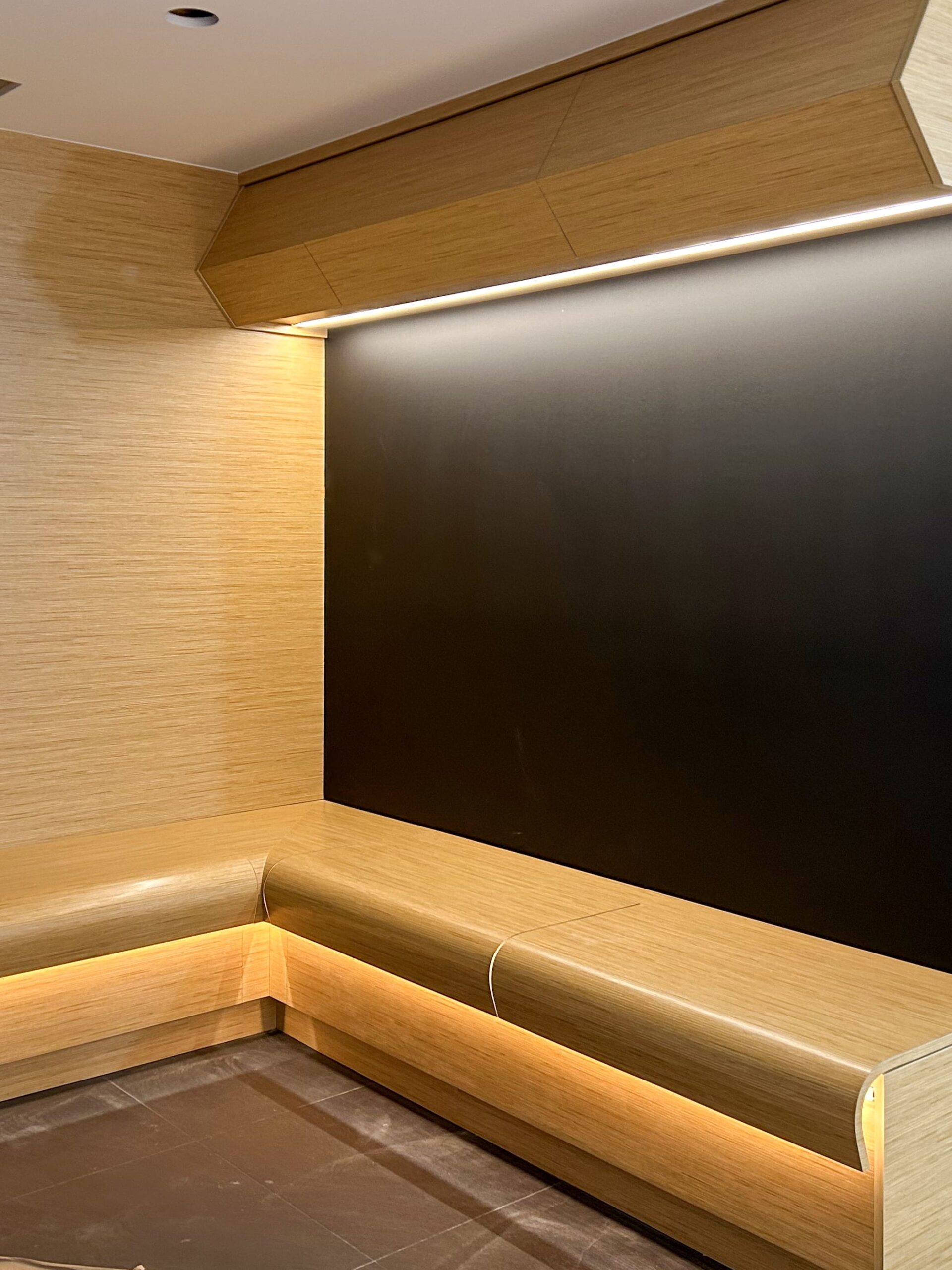 Custom Millwork-Indoor Swimming Seats Area-Dark vs Warm Wood Tone - Complex geometry
