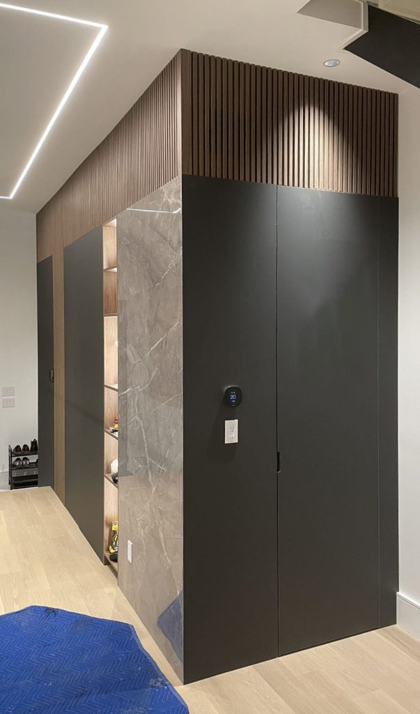 custom millwork-entrance-dark PET vs wood tone