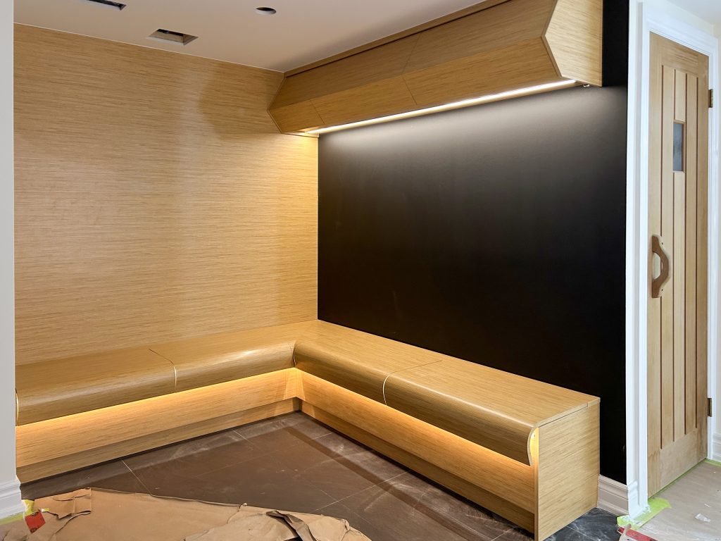 Custom Millwork-Indoor Swimming Seats Area-Dark vs Warm Wood Tone