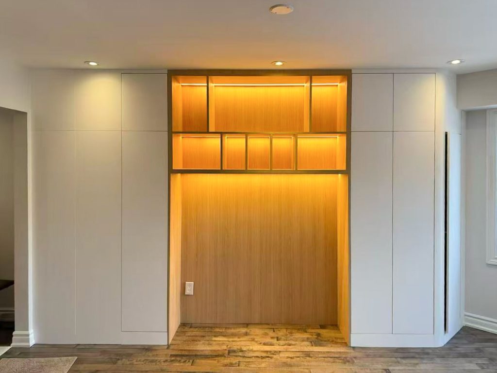 Custom Millwork-Piano cabinet - White PET vs Warm Wood Tone