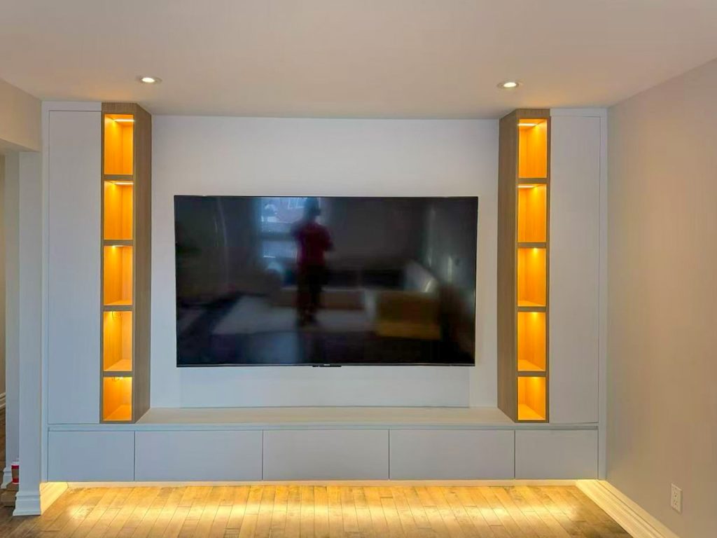 Custom Millwork-TV wall - White PET vs Warm Wood Tone