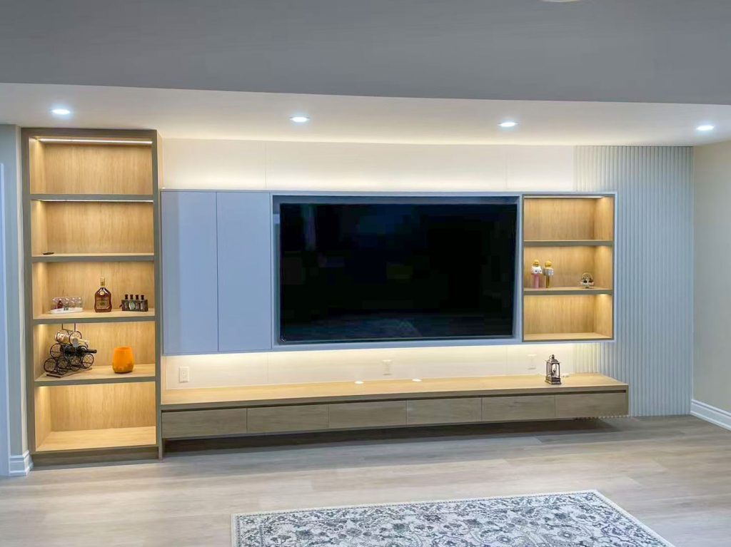 Custom Millwork-TV wall - White PET vs Warm Wood Tone
