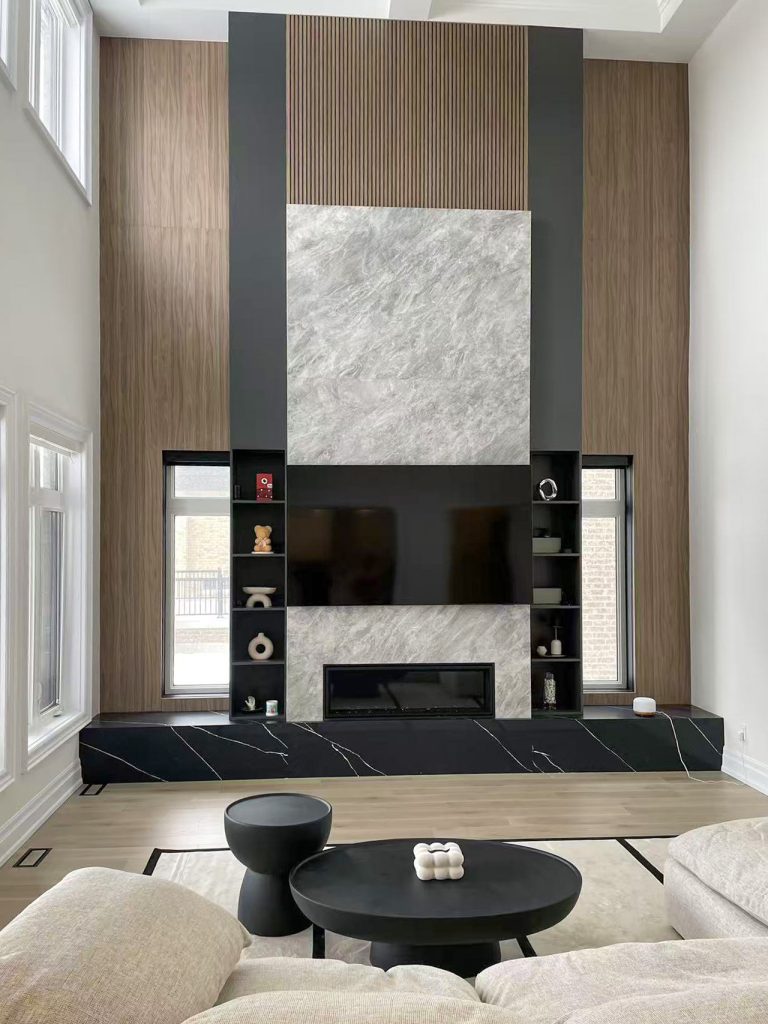 Fireplace TV wall-MDF painting vs wood tone