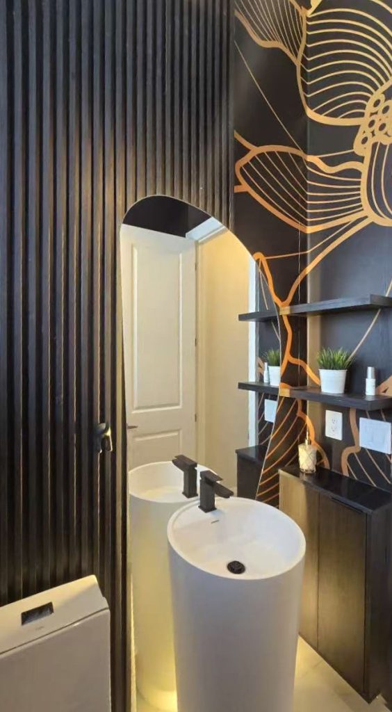 Vanity-Black Wood Slat Wall vs Wallpaper