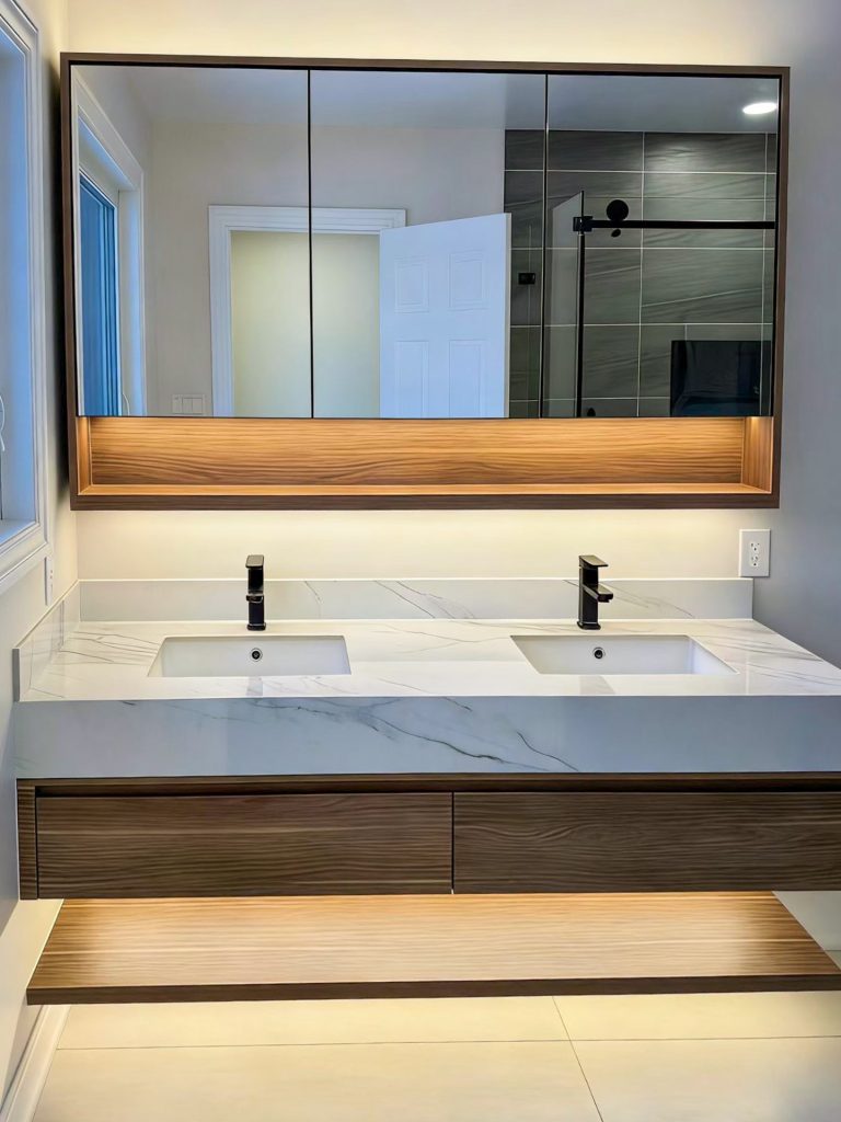 Vanity vs mirror cabinets-Wood Tone