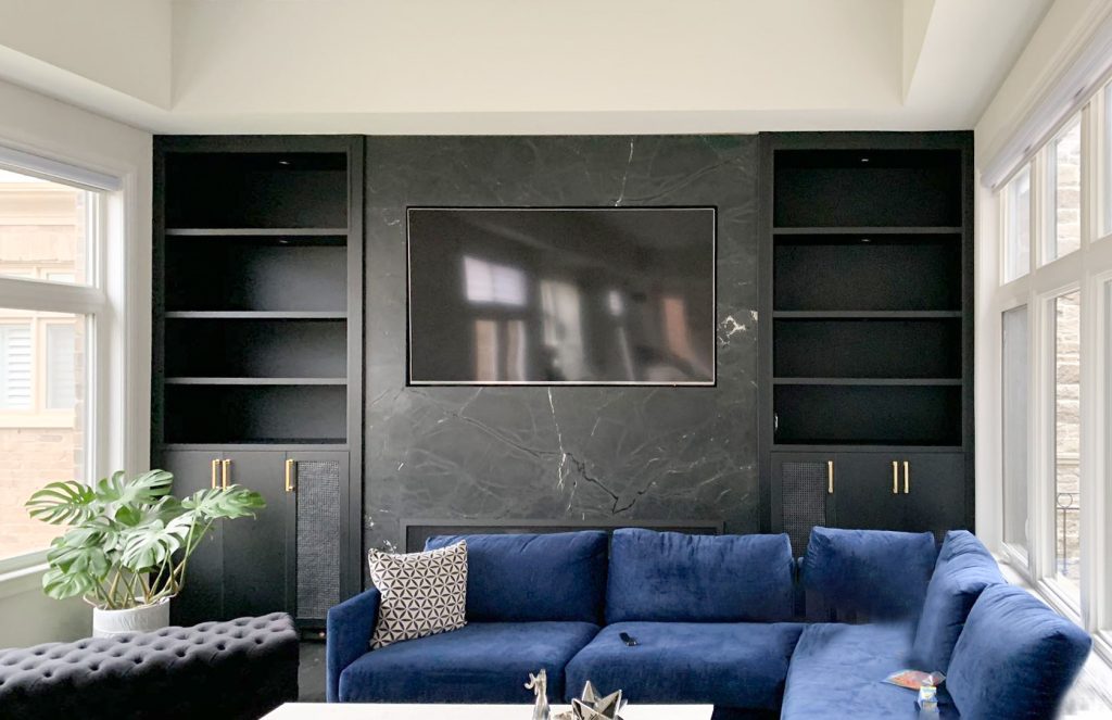 custom millwork-TV Wall-Stone vs Dark PET