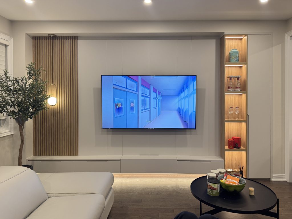 custom millwork-TV Wall-white PET vs Warm Wood Tone