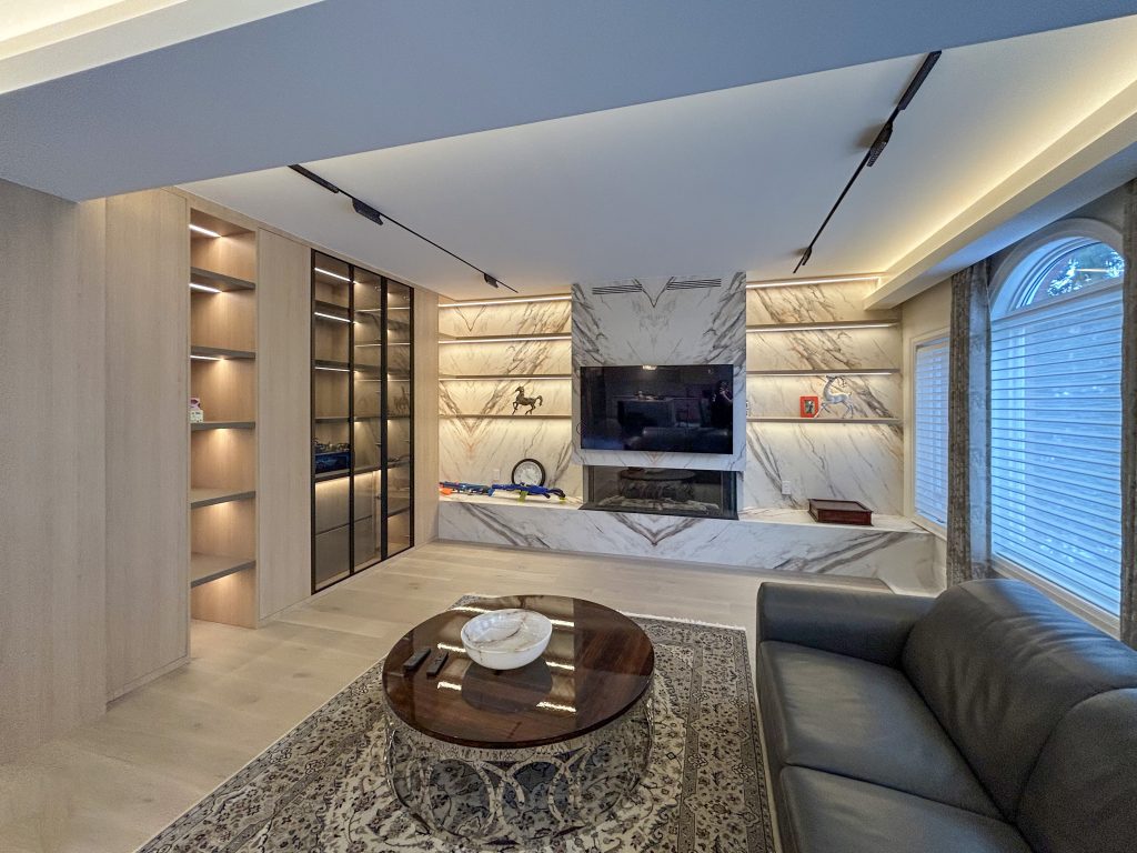 custom millwork-TV Wall-Porcelaine vs Warm Wood Tone