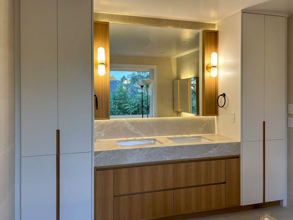 vanity-white oak stain vs mirror cabinets