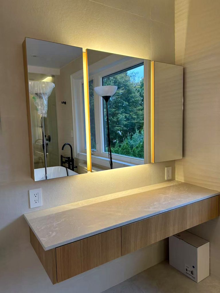 vanity-white oak stain vs mirror cabinets